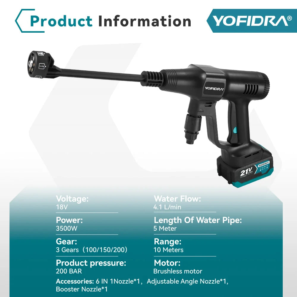 Zwart YOFIDRA 21V stroomloze spuitmachine met 22L vouwbare emmer, 21V accu’s en kabel, geschikt voor professioneel reinigen en onderhoud van auto’s en
