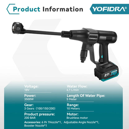 Zwart YOFIDRA 21V stroomloze spuitmachine met 22L vouwbare emmer, 21V accu’s en kabel, geschikt voor professioneel reinigen en onderhoud van auto’s en