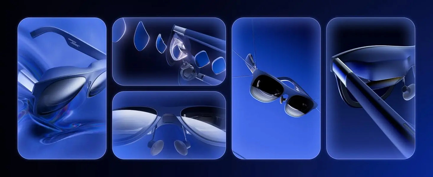 XREAL 1S AR-bril in donkerblauw met zwart frame, geleverd met oplader, opbergdoos en handleiding. Ideaal voor mobiele virtuele realiteit en gaming op 