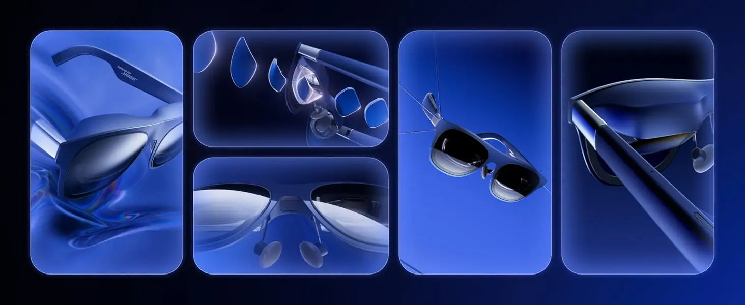 XREAL 1S AR-bril in donkerblauw met zwart frame, geleverd met oplader, opbergdoos en handleiding. Ideaal voor mobiele virtuele realiteit en gaming op 