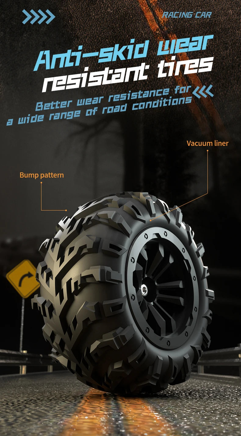 Zwart Rigid off-road RC-raceauto met rode accenten en grote terreinbanden, uitgerust met LED-verlichting en een snelheid van 80+ km/u. Inclusief stuur