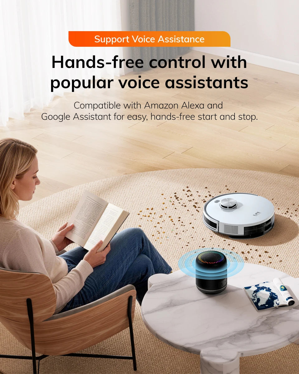 De witte ILIFE robotstofzuiger met zilveren knop en zwart randje, geïntegreerd met een slimme app voor thuisreiniging. Gebruik voor automatische vloer