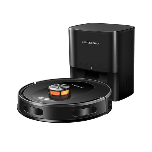 Een zwarte, ronde robotstofzuiger van het merk LIECTROUX met een glanzende zilveren centrale knop en oranje details, klaar voor automatische stofzuigi