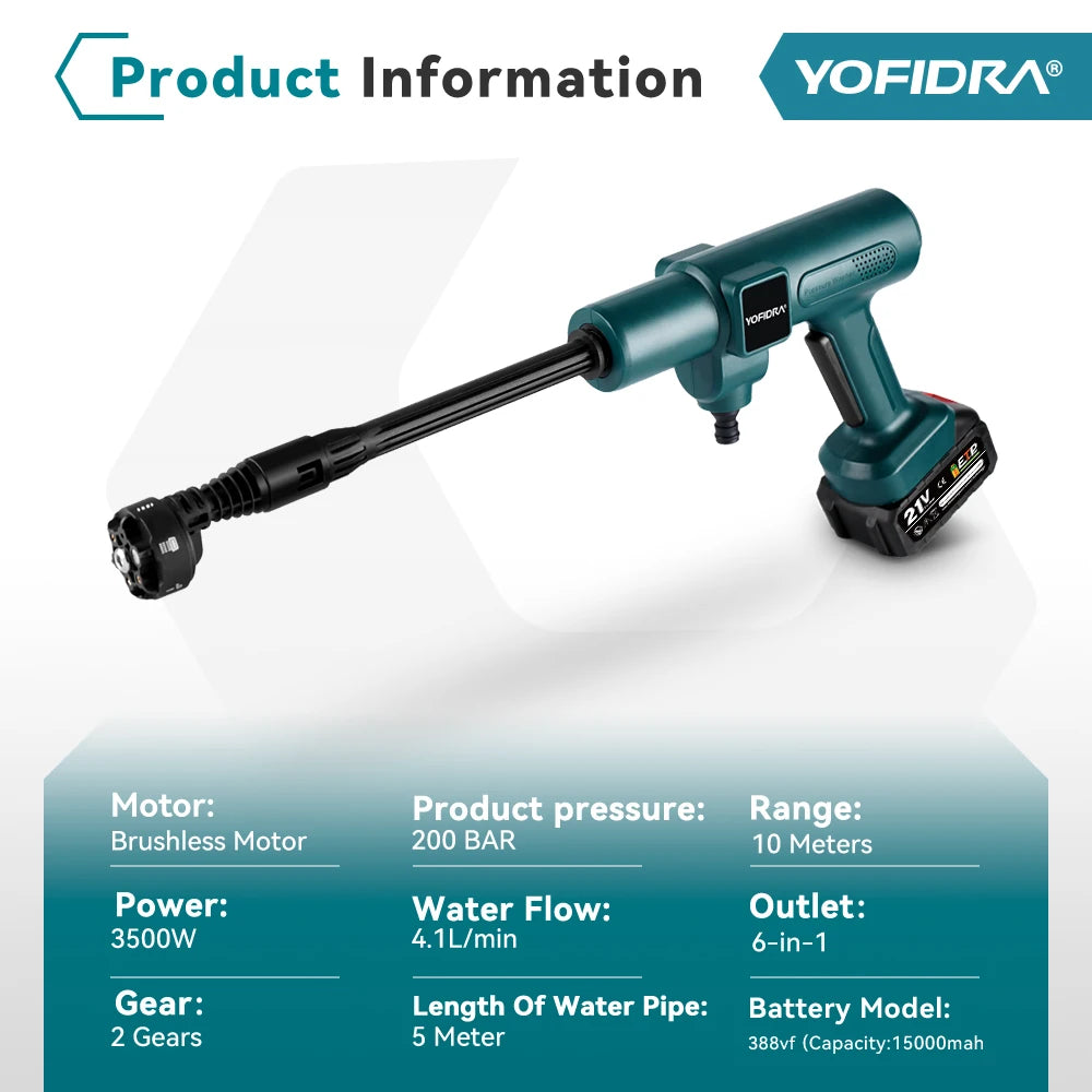 YOFIDRA 200 bar stroomstootwisser met 22L vouwbare tank, 3000W motor, zwart en blauw, inclusief 21V batterijen, flexibele slang en 6-in-1 spuitkop voo