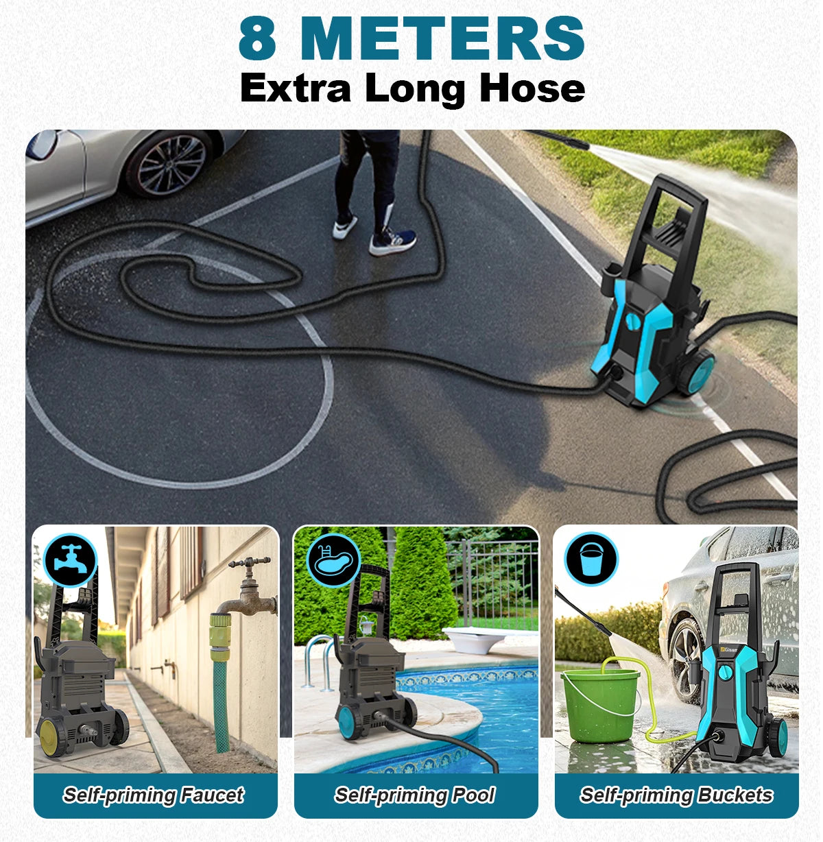 Gisam waterkanon met 200 bar druk, zwart met blauwe accenten, inclusief slang, diverse borstels en accessoires voor efficiënte carwash en tuinreinigin