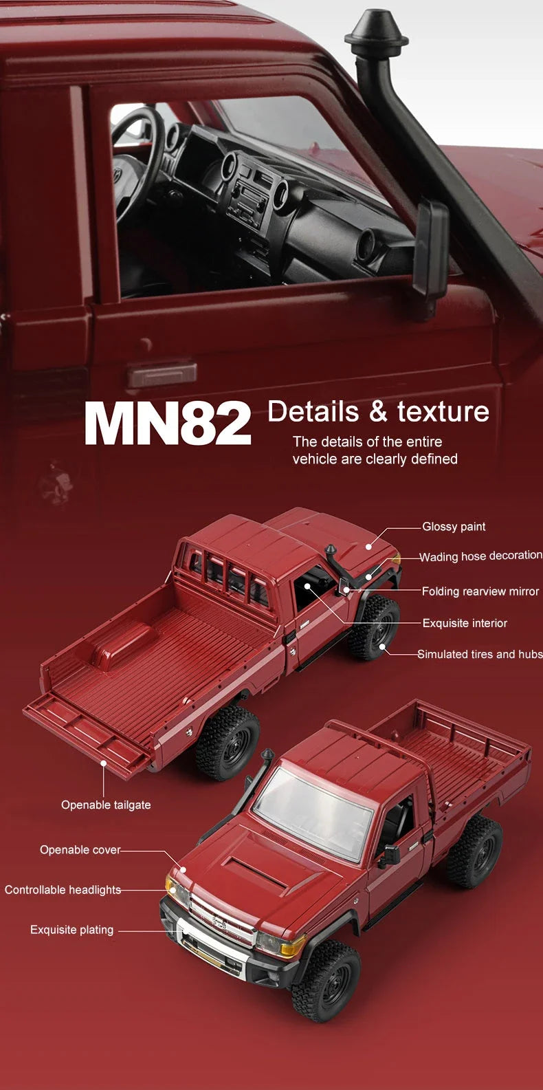 De ZWN MN82S 1:12 RC Toyota Land Cruiser in donkerbruin, met realistische details en grote terreinbanden, staat op rotsachtig terrein. Officieel licen
