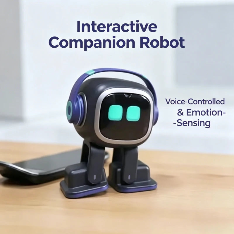 Interactieve compagnonsrobot met blauwe koptelefoon en groene ooglichtjes, geschikt voor kinderen en ouderen. Ideaal als educatief speelgoed of gezels