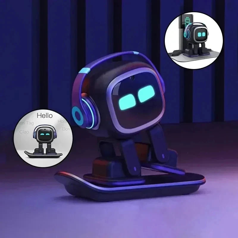 Interactieve compagnonrobot met blauwe hoofdtelefoon en groene oogleden, op houten tafel naast smartphone. Ideaal voor kinderen en ouderen die een ste