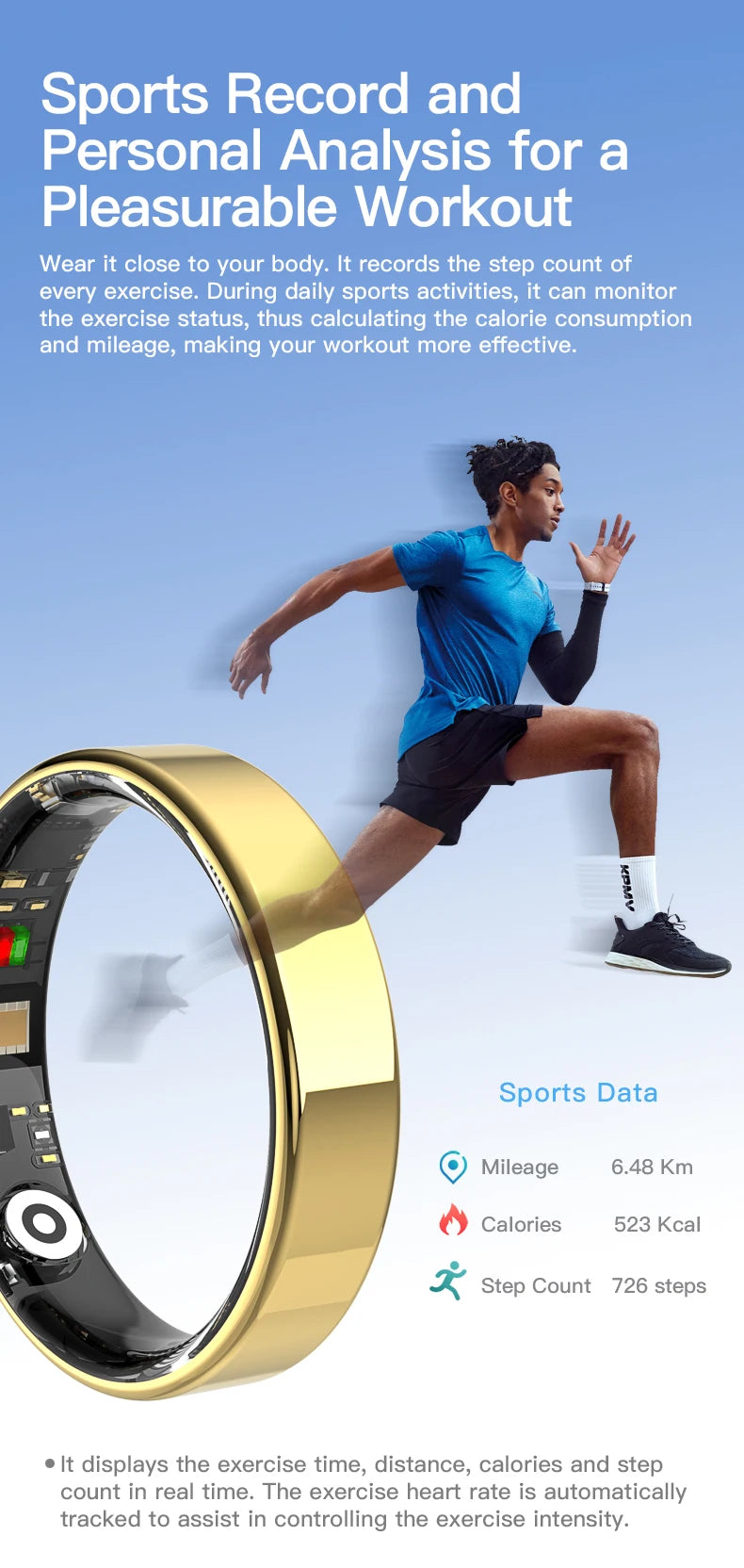 Een slimme ring in zilver, zwart en goud, met zichtbare elektronica en sensoren, geschikt voor sporten en dagelijks gebruik. IP68 waterdicht en met afstandsbediening voor camera’s. - Foto 13