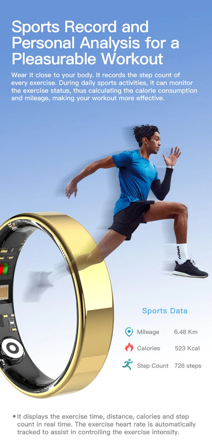 Een slimme ring in zilver, zwart en goud, met zichtbare elektronica en sensoren, geschikt voor sporten en dagelijks gebruik. IP68 waterdicht en met afstandsbediening voor camera’s. - Foto 13