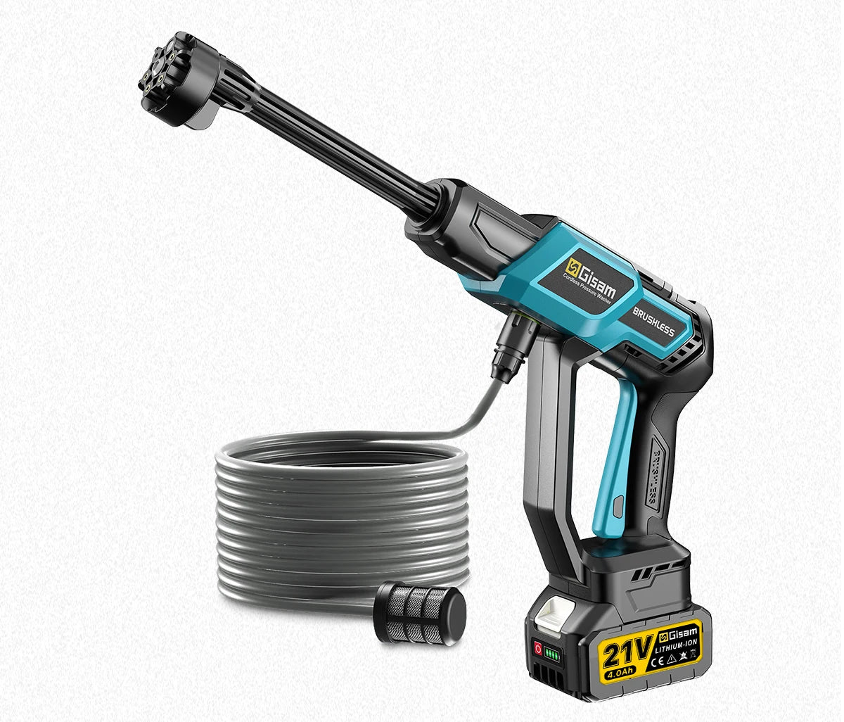 De Gisam draadloze pressure washer met blauwe en zwarte handgreep en digitale display wast een auto met 220 bar waterdruk. Inclusief slang, accessoire