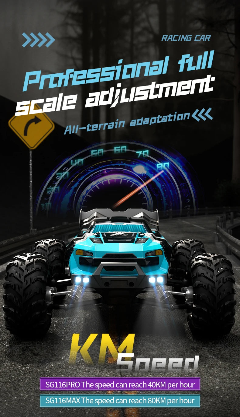 Zwart met rode accenten RC terreinwagen met grote knipperende LED-lichten en off-road banden, inclusief stuur, batterijen en opbergzak voor speelplek 