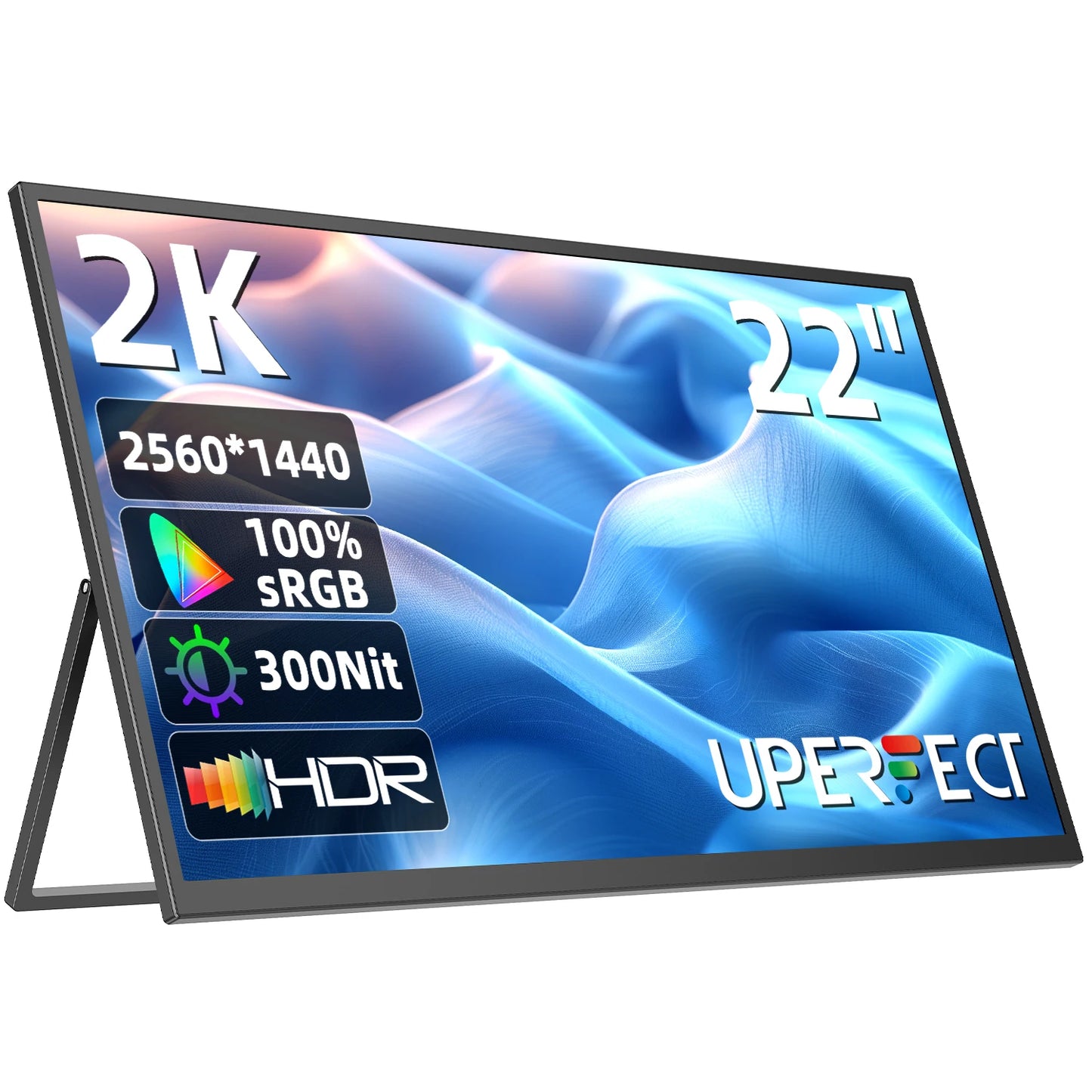 Een 22-inch 2K-monitor met 2560x1440 resolutie, 100% sRGB kleuraccuraatheid en 300Nit helderheid, uitgerust met HDR en een zwart frame, ideaal voor ga