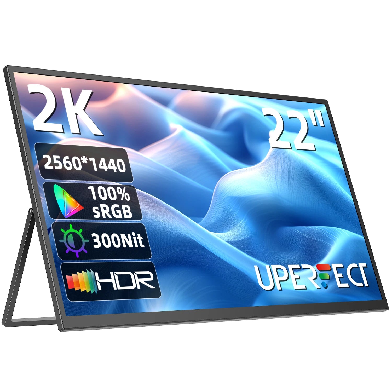 Een 22-inch 2K-monitor met 2560x1440 resolutie, 100% sRGB kleuraccuraatheid en 300Nit helderheid, uitgerust met HDR en een zwart frame, ideaal voor ga
