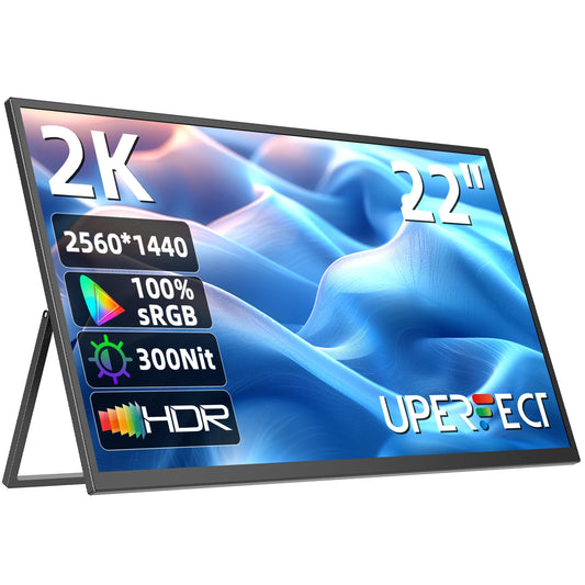Een 22-inch 2K-monitor met 2560x1440 resolutie, 100% sRGB kleuraccuraatheid en 300Nit helderheid, uitgerust met HDR en een zwart frame, ideaal voor ga