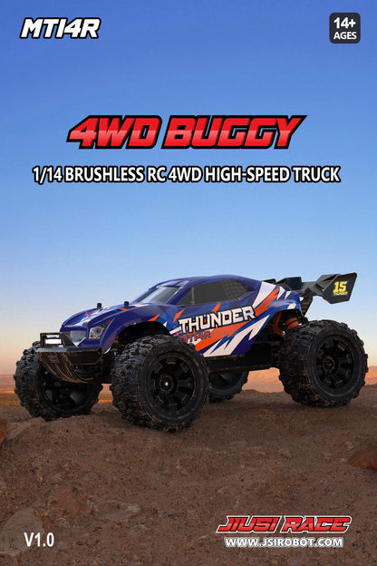 Blauwe JIUSI MT14R 1/14 RC-raceauto met zwarte banden en "STORM" en "THUNDER" opschrift, geschikt voor speelgoedraces en buitenactiviteiten. - Foto 12