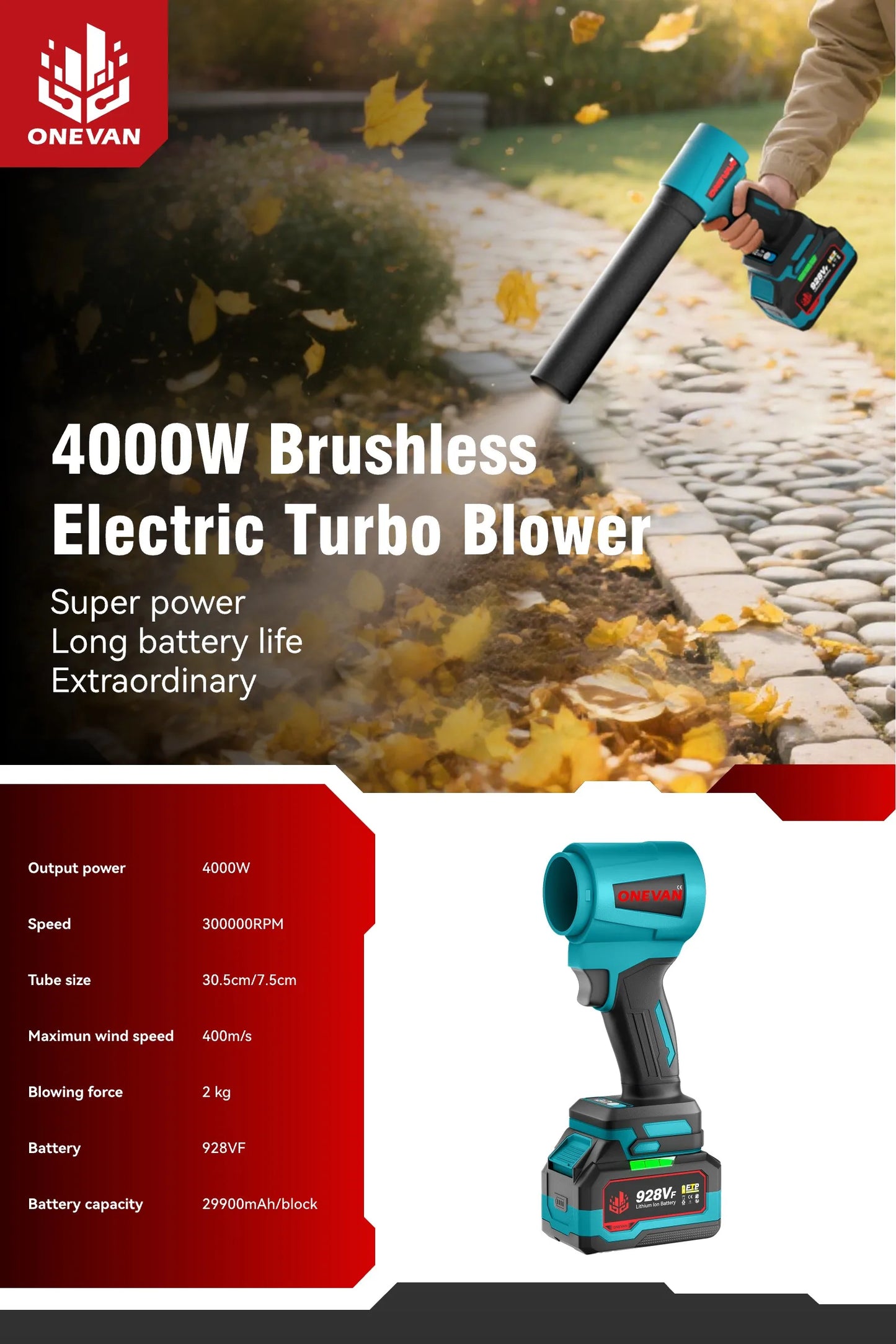 Een Onevan draadloze bladzager met blauw-zwarte kleur en 21V lithium-batterij, geschikt voor houtbewerking en metaal, met maximaal 400M/S wind en 3000