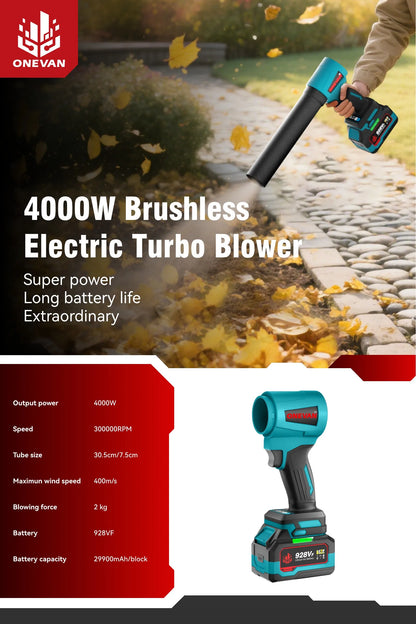Een Onevan draadloze bladzager met blauw-zwarte kleur en 21V lithium-batterij, geschikt voor houtbewerking en metaal, met maximaal 400M/S wind en 3000