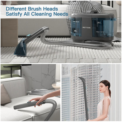 De PrettyCare waterzuiveringsmachine in zwart met blauwe waterreservoirs voor reiniging van vloeren en tegels. Zichtbaar flexibele slang en borstelkop