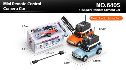 Mini camera-voertuigen in zwart, zilver, oranje en lichtblauw, elk met een zwarte camera op het dak, inclusief stuurunit en USB-kabel voor speelgoedau