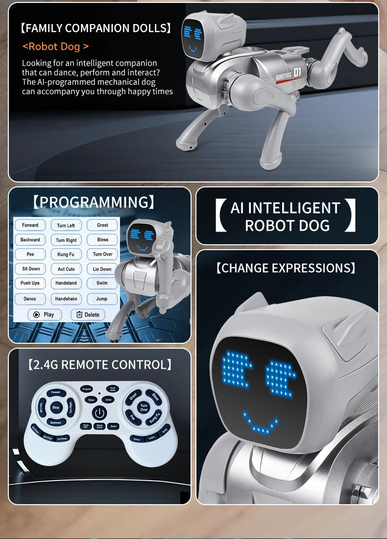 ZWN X1 AI Smart Robot Dog, zilverkleurig met blauwe LED-gezicht, speelt muziek en danst. Geschikt voor kinderen, met Bluetooth en app-controle voor in
