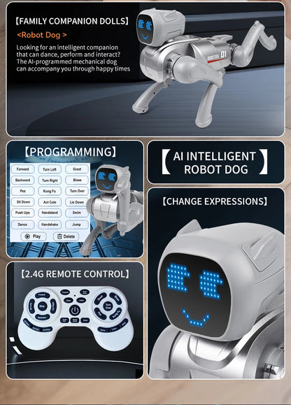 ZWN X1 AI Smart Robot Dog, zilverkleurig met blauwe LED-gezicht, speelt muziek en danst. Geschikt voor kinderen, met Bluetooth en app-controle voor in