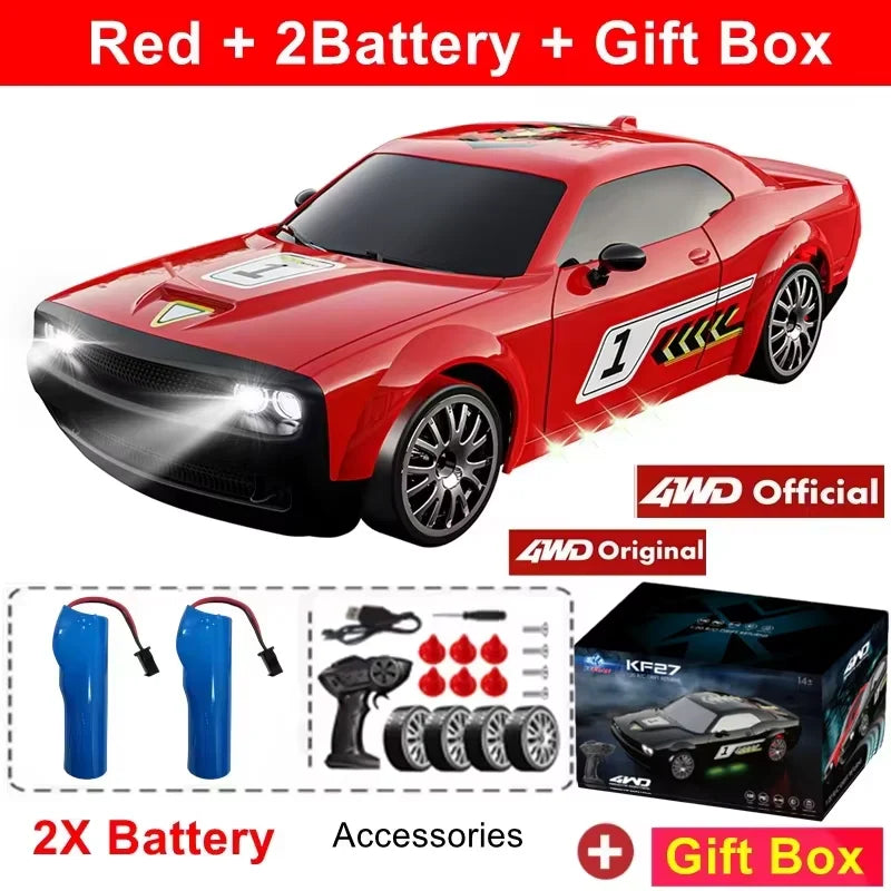 Zwart 4WD RC-raceauto met glanzende lak, zichtbare schokdempers en nummer 1 op de zijkant, klaar voor speelplein of binnen. Blauwe variant en afstands