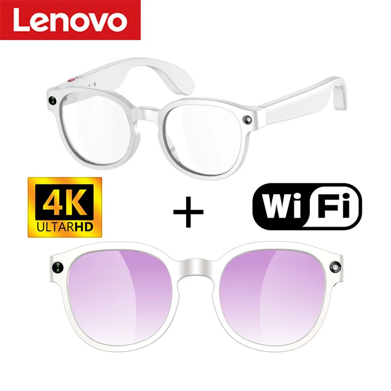 Zwart Lenovo smartbril met 4K UltraHD display en Pixel HD camera, voorzien van AI-functies en kleurveranderende lenzen bij lichtexpositie, geschikt vo