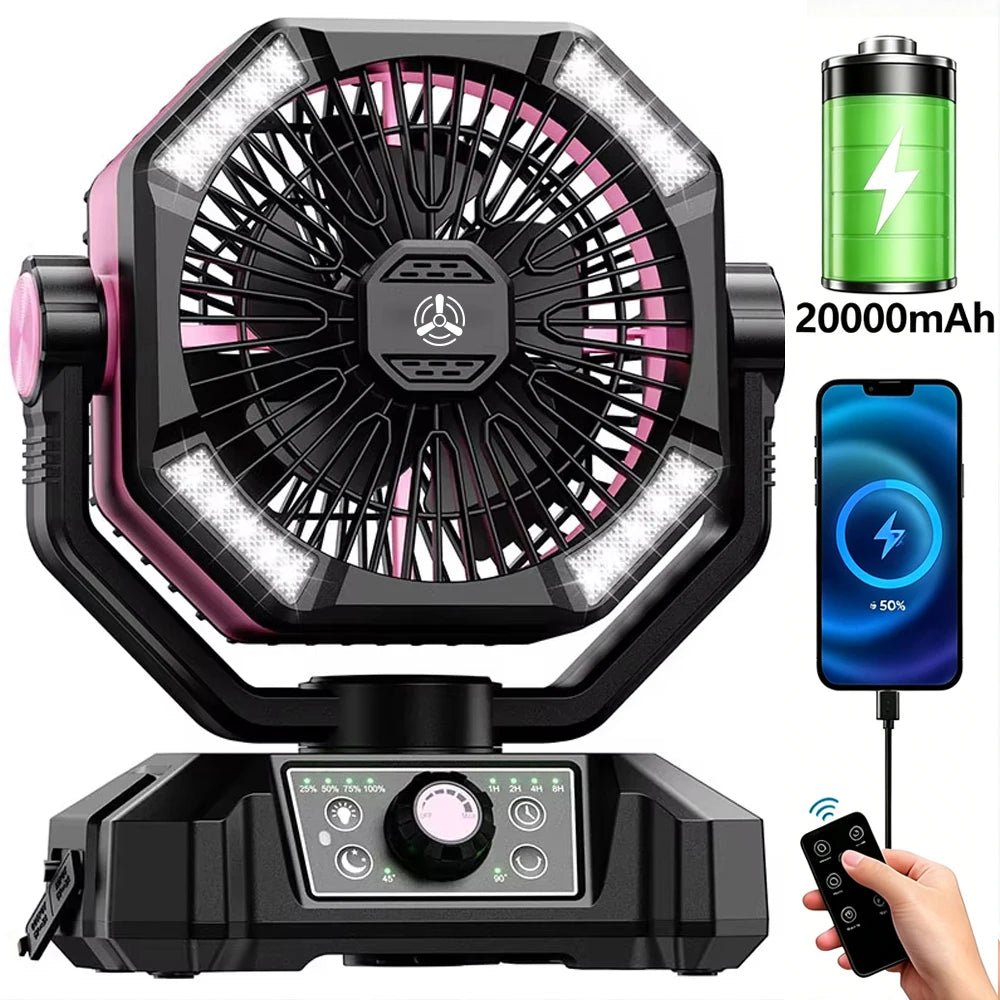 Zwarte en oranje outdoor camping ventilator met 4 LED-verlichting en draaibare kop, uitgerust met slimme afstandsbediening voor gebruik op kampeerplaa