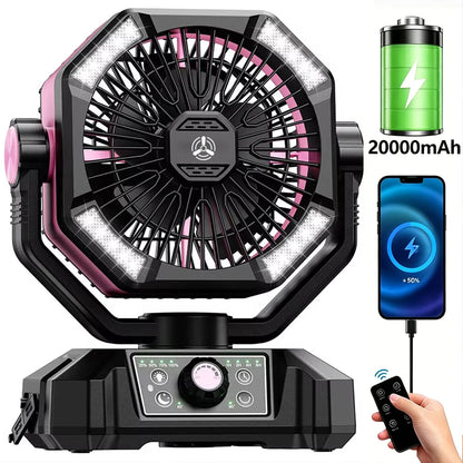 Zwarte en oranje outdoor camping ventilator met 4 LED-verlichting en draaibare kop, uitgerust met slimme afstandsbediening voor gebruik op kampeerplaa