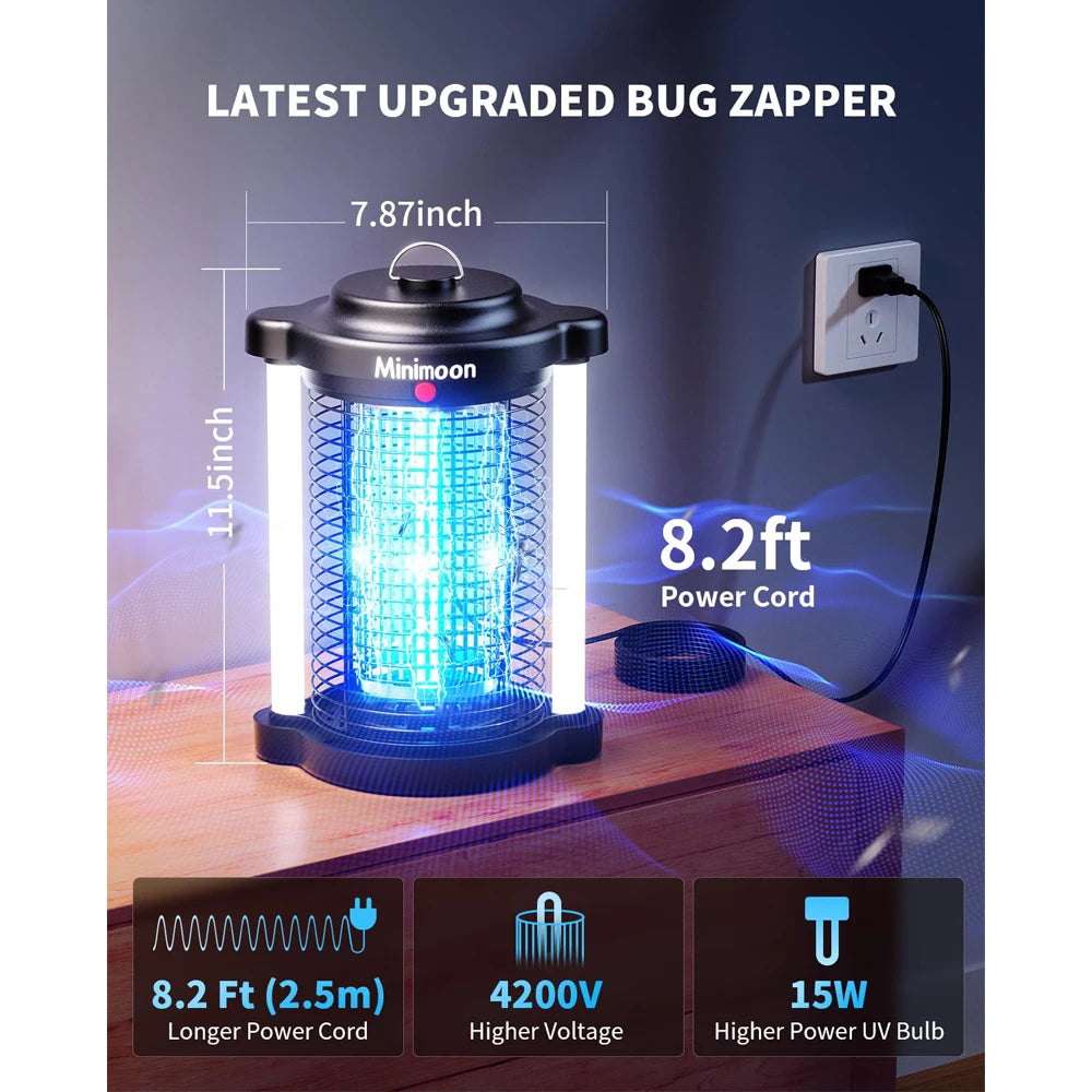 Minimoon buiteninsectenkiller met blauwe LED-verlichting en zichtbare elektrische schokken, zwart metaal met zilveren stangen, geschikt voor tuin- en 