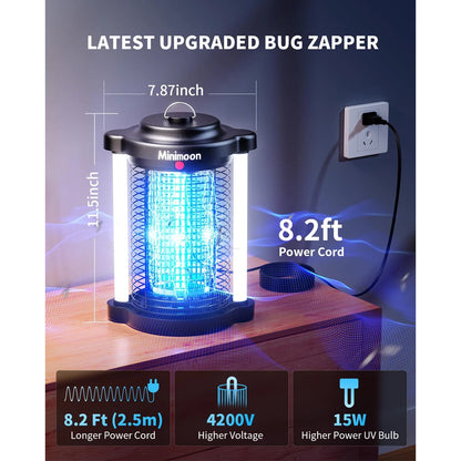 Minimoon buiteninsectenkiller met blauwe LED-verlichting en zichtbare elektrische schokken, zwart metaal met zilveren stangen, geschikt voor tuin- en 