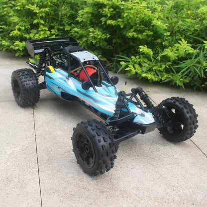 Groene camouflage RC buggy met zwarte banden en metalen frame, klaar voor buitenrijden. Perfect voor terrein- en sandtrack-avonturen op zonnige dagen.