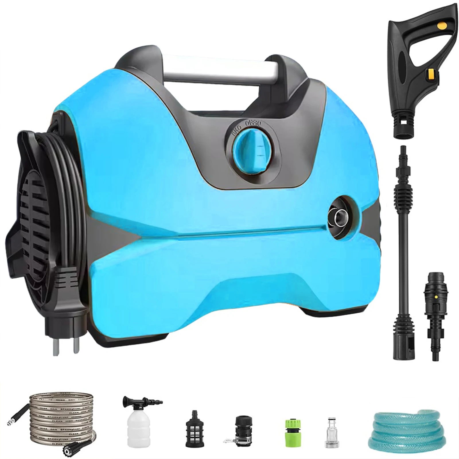 Zwarte hoogdruk car wash met geïntegreerde slang en diverse accessoires, inclusief een groene dop en een witte sprayfles, klaar voor gebruik bij het w