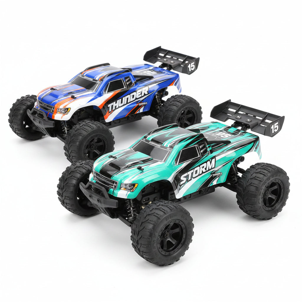 Blauwe JIUSI MT14R 1/14 RC-raceauto met oranje en witte accenten, grote zwarte banden en achtervleugel, geschikt voor speelgoedracing en buitenactivit