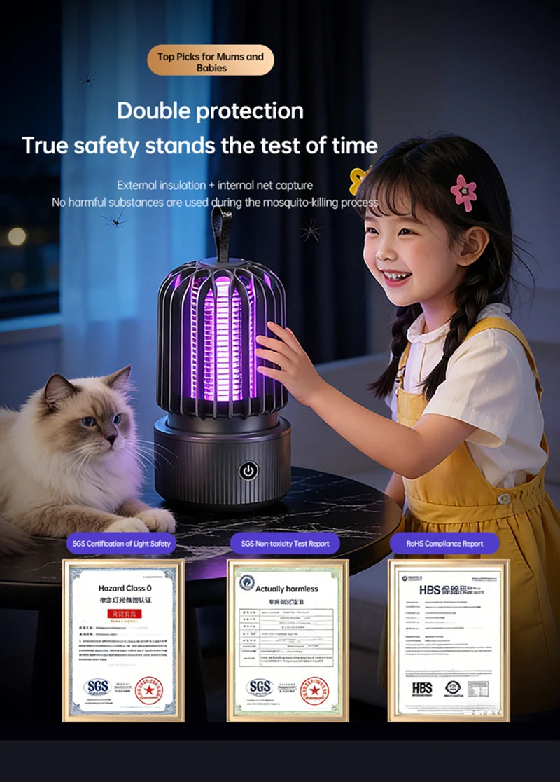 Zwart Xiaomi elektrische muggenkiller met paarse UV-lamp en draadloze hanghaak, ontworpen voor binnen- en buitengebruik. Effectief tegen muggen in sla