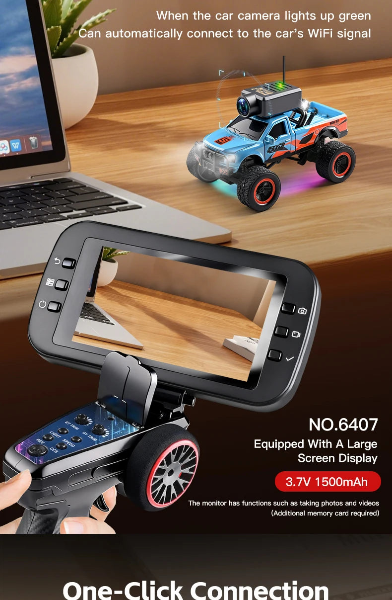 Rode 1:64 schaal RC off-road pick-up met camera en VR-bril ondersteuning, geschikt voor speelgoed- en racemodellen. Zichtbare accessoires: stuur, VR-b