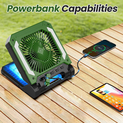 Groene draagbare ventilator met LED-verlichting en zonne-energiepaneel, uitgerust met USB-poorten en 20000mAh accu voor mobiele apparaten, ideaal voor