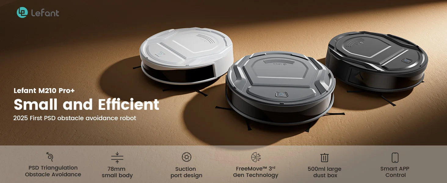 De zwarte Lefant M210 Pro+ robotstofzuiger met glanzend oppervlak en blauwe knop, toont een slimme app- en smartwatchcompatibiliteit voor automatische