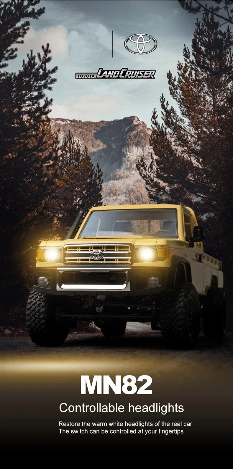 De ZWN MN82S 1:12 RC Toyota Land Cruiser in bruin, met grote terreinbanden en een opvallende voorbumper, staat op rotsen. Officieel licentieproduct vo