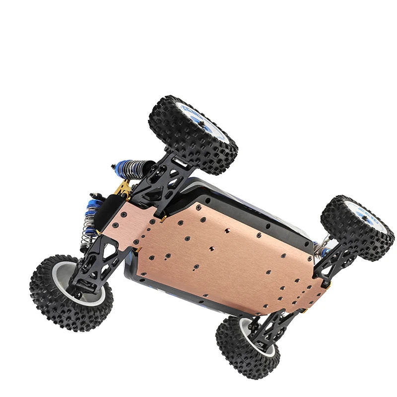 WLtoys Zealot 1:12 RC buggy met blauw-wit camouflage, zichtbare 4WD aandrijving en schokdempers, geschikt voor racen en speelplein-avonturen. - Foto 5