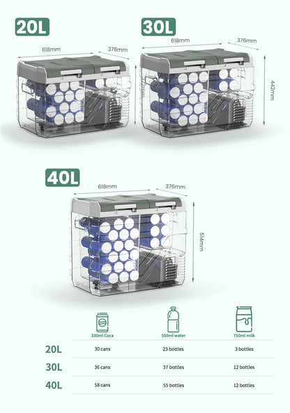 Grijze Alpicool koelbox met open deksel, gevuld met rode blikken en verse fruit. Elektronisch bedieningspaneel en ventilatieopeningen zichtbaar; ideaa