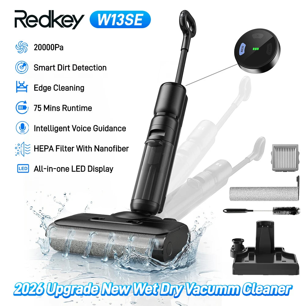 Zwarte Redkey W13SE waterdichte stofzuiger met HEPA-filter en LED-display, geschikt voor zowel nat als droog schoonmaken van vloeren en meubels. - Fot