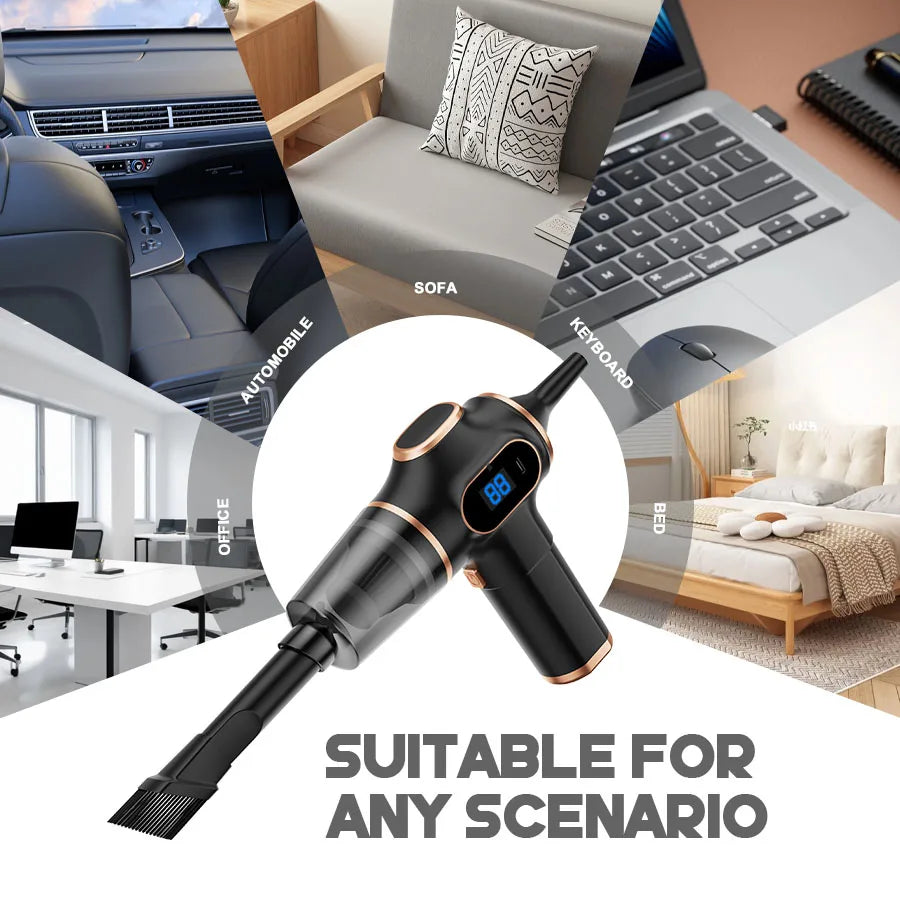 Blauwe draadloze stofzuiger met goudkleurige accenten en digitale display, uitgerust met meerdere accessoires voor efficiënte schoonmaak van meubels e