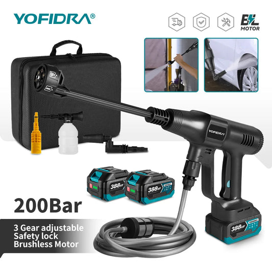 Zwart YOFIDRA 21V stroomloze spuitmachine met 22L vouwbare emmer, 21V accu’s en kabel, geschikt voor professioneel reinigen en onderhoud van auto’s en
