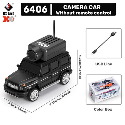 Mini camera op vier kleurrijke 1:64 schaalmodel SUV’s, inclusief zwarte stuurunit, USB-kabel en witte oplader voor speelgoedauto’s met HD-opname en st
