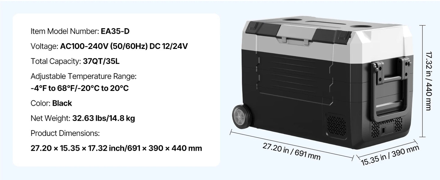 Zwart-grijze elektrische koelbox met digitale display en drinkhouder, geschikt voor koude dranken op kampeer- of reisreis. Inclusief kabels en ijsblok