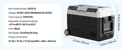 Zwart-grijze elektrische koelbox met digitale display en drinkhouder, geschikt voor koude dranken op kampeer- of reisreis. Inclusief kabels en ijsblok