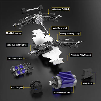 Blauwe JIUSI MT14R 1/14 RC-raceauto met zwarte banden en “STORM”- en “THUNDER”-afbeeldingen, geschikt voor speelgoedraces en buitenactiviteiten. Perfe