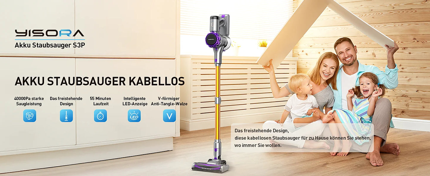 Een moderne, paars-zilveren draadloze stofzuiger met digitale display en flexibele borstelkoppen, geschikt voor diepe reiniging van vloeren en meubels